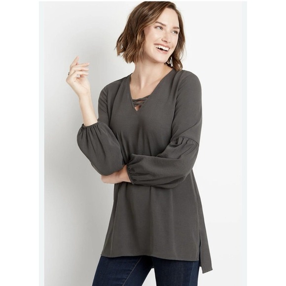 Maurices Tops - Maurices Gray Lantern Sleeve Lattice Neck Tunic Blouse Womens XL
